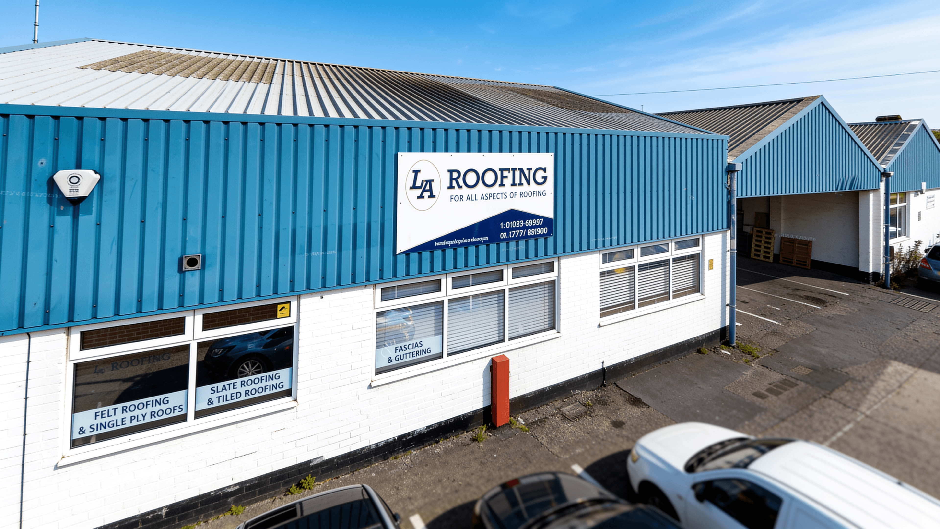 The LA Roofing (Exeter) Ltd warehouse and signage