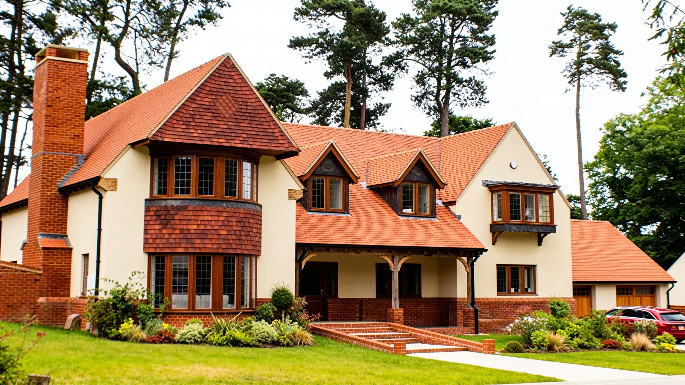 Tudor-style house with a newly completed tiled roof
